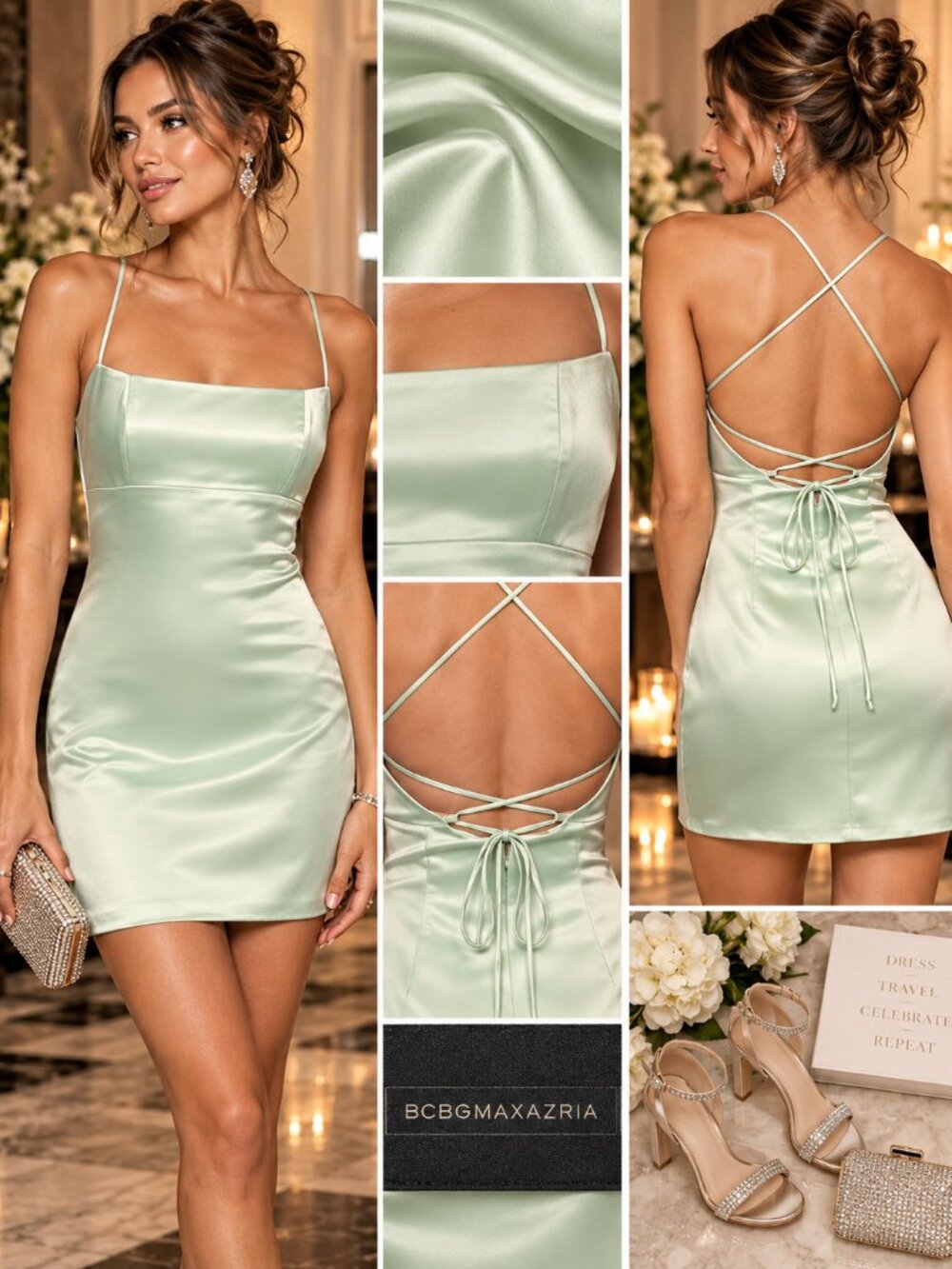 BCBGMAXAZRIA Serene Green Satin Open Back Mini Dress Size 4 NWT